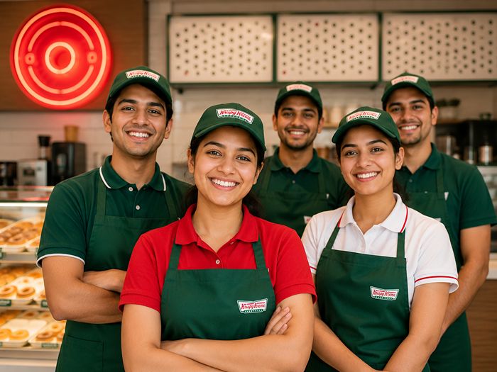Friendly smiling employee handing out a box