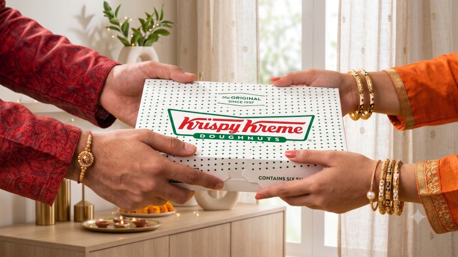 New age Krispy Kreme Rakhi gift box layout ideal for modern sibling gifting on Raksha Bandhan