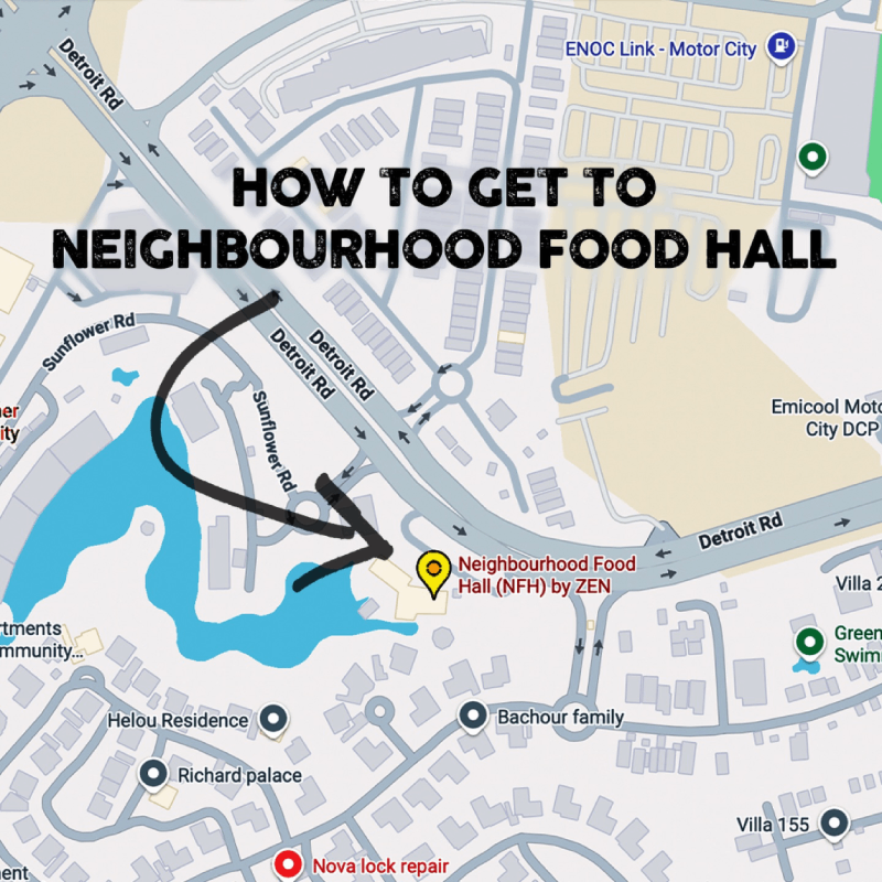 Map showing where to find Neighbourhood Food Hall in Motor City, Dubai.