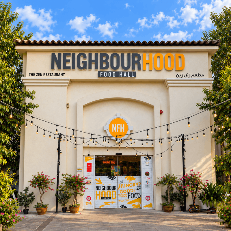 Exterior of Neighbourhood Food Hall in Motor City, Dubai.